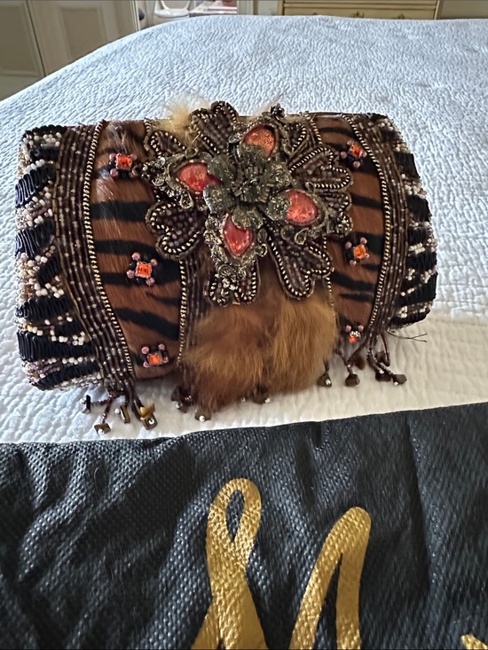 Mary Frances Handbags - Mary Frances Tiger-Print Embellished Clutch in Brown and Coral